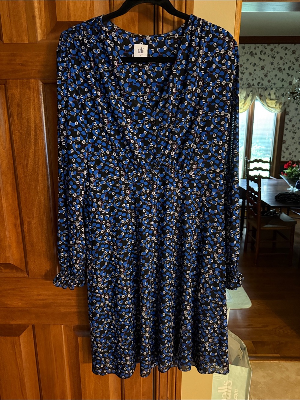 CAbi Blue and White Floral Long-Sleeve V-Neck Dress